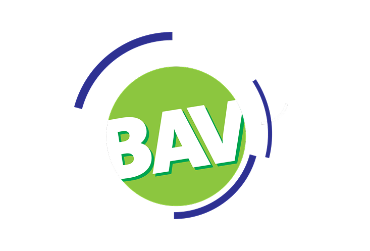 Groen cirkelvormig logo met daarin de letters "BAV" in wit, omlijst door blauwe boogvormige lijnen.