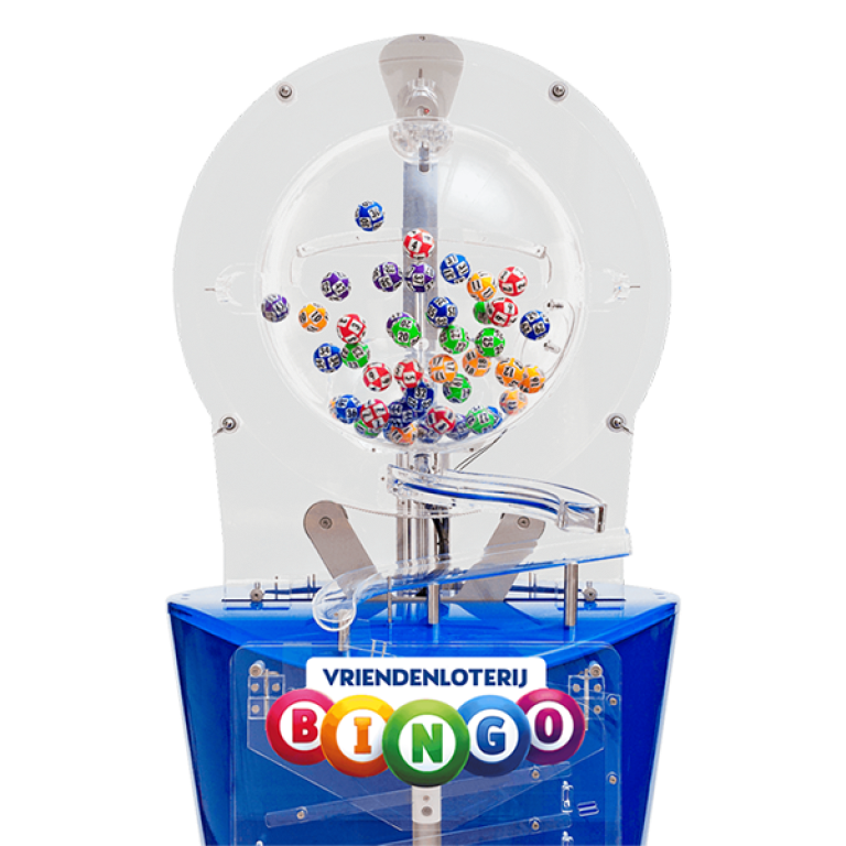 Een bingomachine met Bingoballen erin onderaan staat het gekleurde VriendenLoterij BINGO logo.