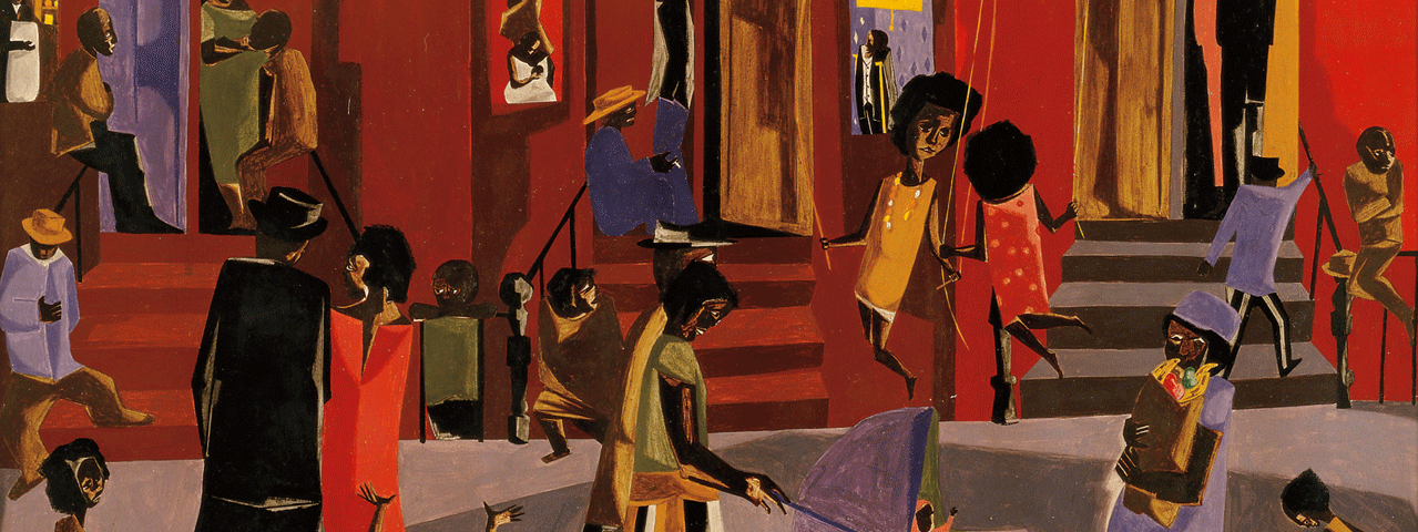 Een kleurrijk schilderij van mensen, van jong tot oud, buiten op straat. Via de straat kan je ook naar binnenkijken bij de huizen. Dit schilderij is te bewonderen in de tentoonstelling Jacob Lawrence, gratis te bezoeken met de VriendenLoterij VIP-KAART.