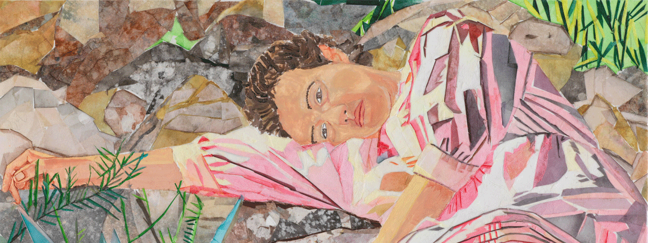 Een kleurrijk schilderij van een liggende vrouw met kort, bruin haar en een roze gewaad in een rotsachtige omgeving. Het schilderij is te zien in de tentoonstelling Het fantastische landschap, gratis te zien in Museum Arnhem met de VriendenLoterij VIP-KAART.