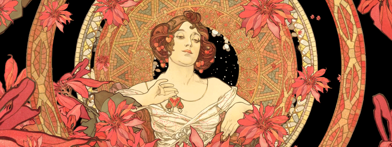 Een vrouw in art nouveau-stijl omringd door sierlijke rode bloemen en een rijkversierde cirkel met geometrisch mozaïekpatroon; affiche van de Alphonse Mucha Experience in Museum De Buitenplaats — gratis toegankelijk met de VIP-KAART.