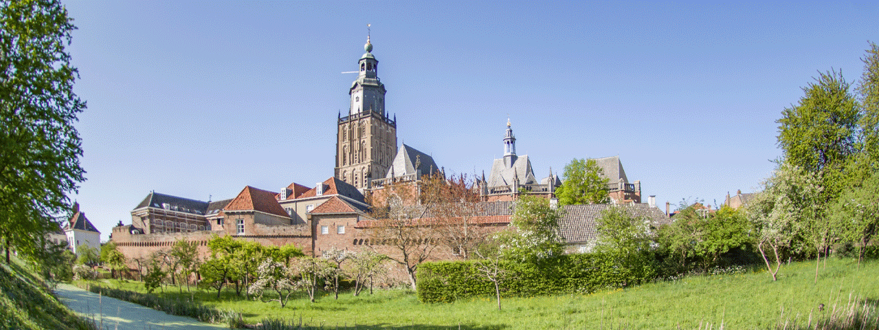 Zicht op vestingstadje Zutphen achter een groene boomgaard op een zonnige dag. De foto geeft goed zicht op de oude stadsmuur en de Walburgiskerk, gratis te bezoeken met de VriendenLoterij VIP-KAART