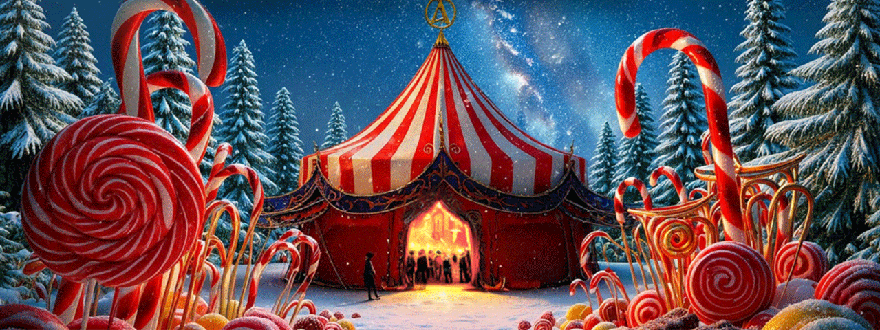 Gegenereerde foto van een fantasievolle circustent in een nachtelijk winters landschap met besneeuwde dennen en een bos vol zuurstokken.