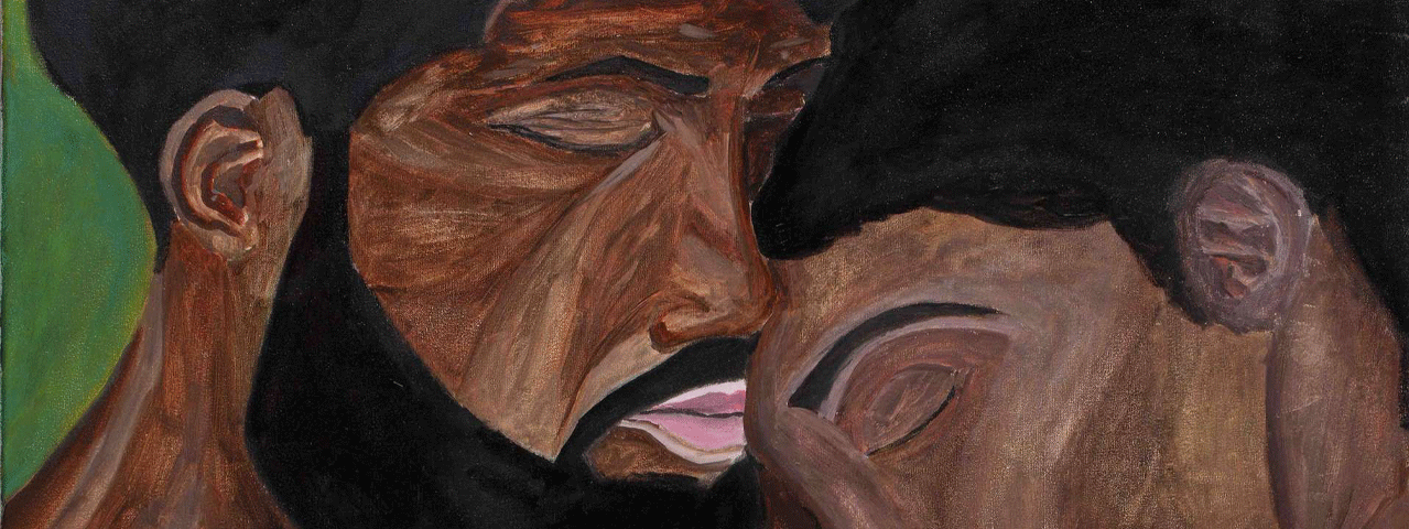 Een schilderij van de kunstenaar Kenneth Aidoo. Twee figuren met donkere huidtonen staan dicht tegen elkaar. Een figuur houdt een rode vrucht vast, terwijl de ander met gesloten ogen dichtbij leunt. Met de VIP-KAART bezoekt u Museum Catharijneconvent gratis.