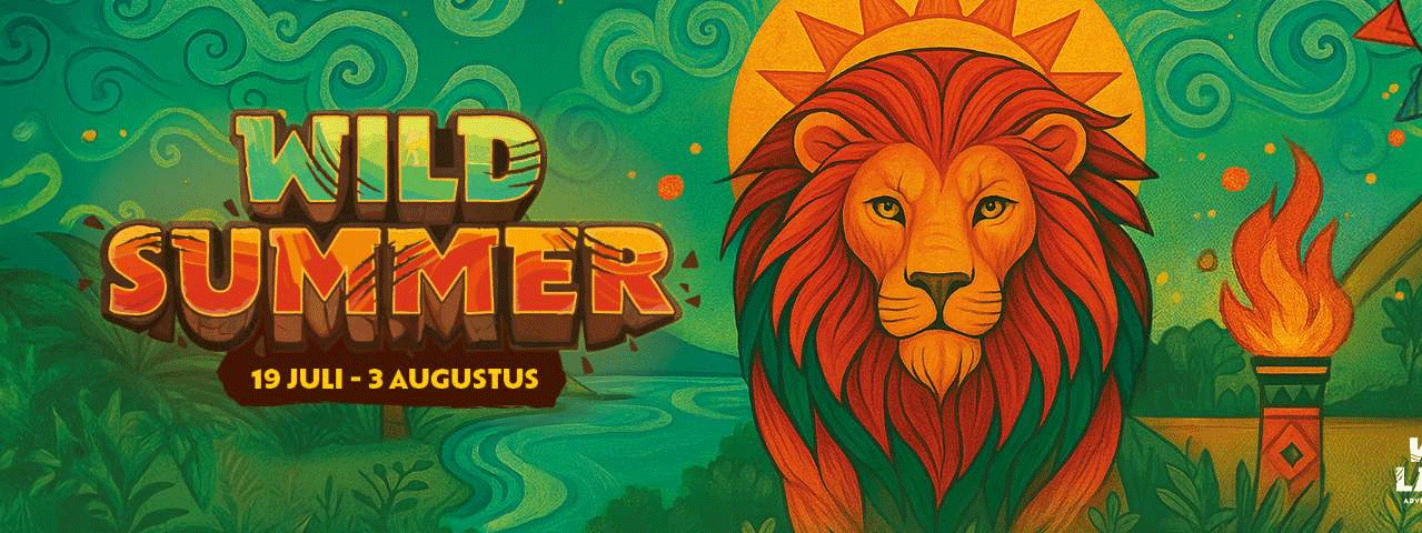 Campagnebeeld van zomerfstival Wildsummer bij dierentuin WILDLANDS met een geillustreerde leeuw voor een weelderige, groene achtergrond. Deelnemers krijgen korting op dit zomerse festival met hun VIP-KAART.