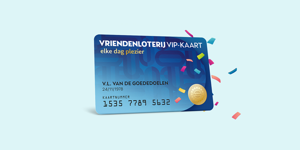 Blauwe VriendenLoterij VIP-kaart met gouden zegel en confetti.