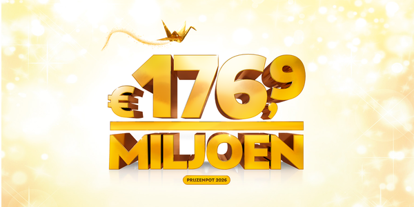 "€176,9 miljoen prijzenpot 2026 in gouden letters op een glinsterende gouden achtergrond met een origami-vogel.