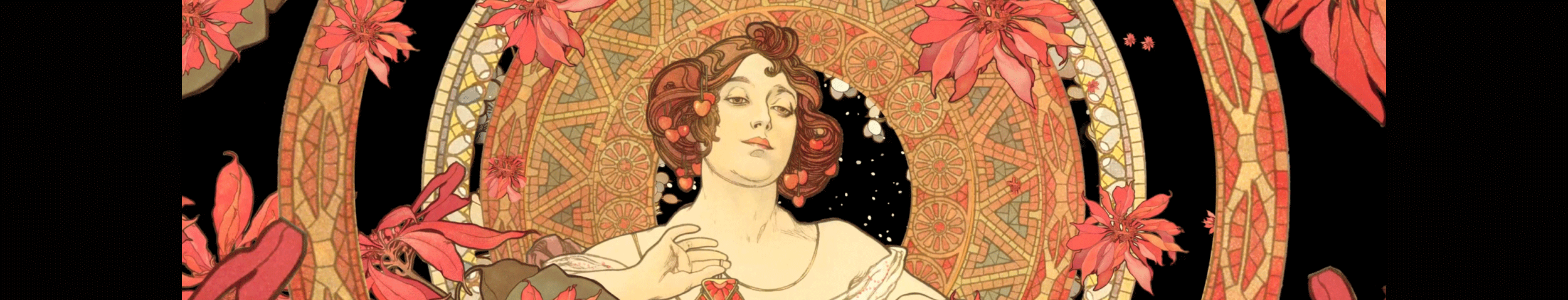 Een vrouw in art nouveau-stijl omringd door sierlijke rode bloemen en een rijkversierde cirkel met geometrisch mozaïekpatroon; affiche van de Alphonse Mucha Experience in Museum De Buitenplaats — gratis toegankelijk met de VIP-KAART.