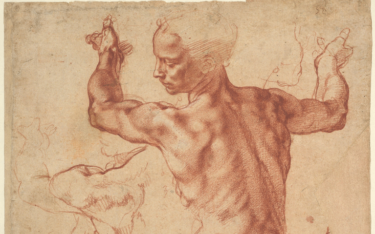 Rode krijttekening van een gespierde Sibille, onderdeel van de Michelangelo-tentoonstelling in Teylers Museum – voordelig entree met VIP-KAART.