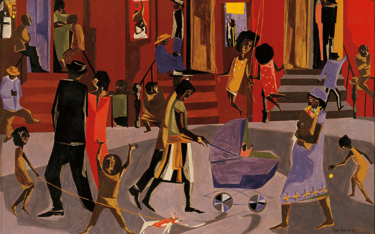 Een kleurrijk schilderij van mensen, van jong tot oud, buiten op straat. Via de straat kan je ook naar binnenkijken bij de huizen. Dit schilderij is te bewonderen in de tentoonstelling Jacob Lawrence, gratis te bezoeken met de VriendenLoterij VIP-KAART.