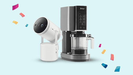 Illustratie van een Ninja CREAMi ijsmachine en een Samsung The Freestyle beamer als prijzen van een winactie.