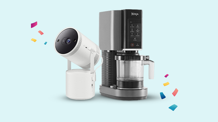 Illustratie van een Ninja CREAMi ijsmachine en een Samsung The Freestyle beamer als prijzen van een winactie.