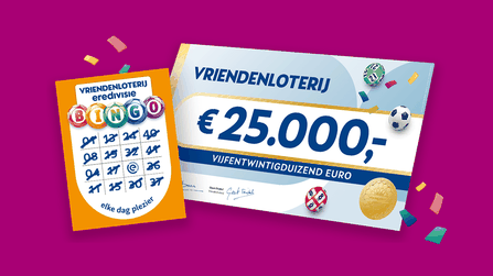 Illustratie van een bingokaart en een cheque van €25.000 van de VriendenLoterij Eredivisie Bingo.