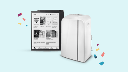 Kobo e-reader met stylus naast een witte mobiele airconditioner.