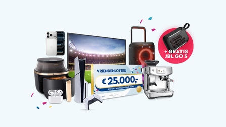Overzicht van prijzen met een cheque van € 25.000, een televisie, PlayStation 5, iPhone, Philips Airfryer, JBL-partyspeaker, espressomachine en gratis JBL Go 5-speaker.