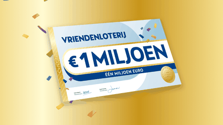 Illustratie van een cheque van €1 miljoen van de VriendenLoterij met confetti op een gouden achtergrond.