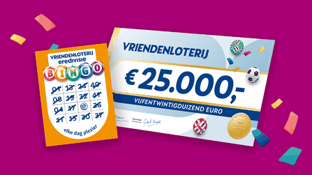 Illustratie van een bingokaart en een cheque van €25.000 van de VriendenLoterij Eredivisie Bingo.