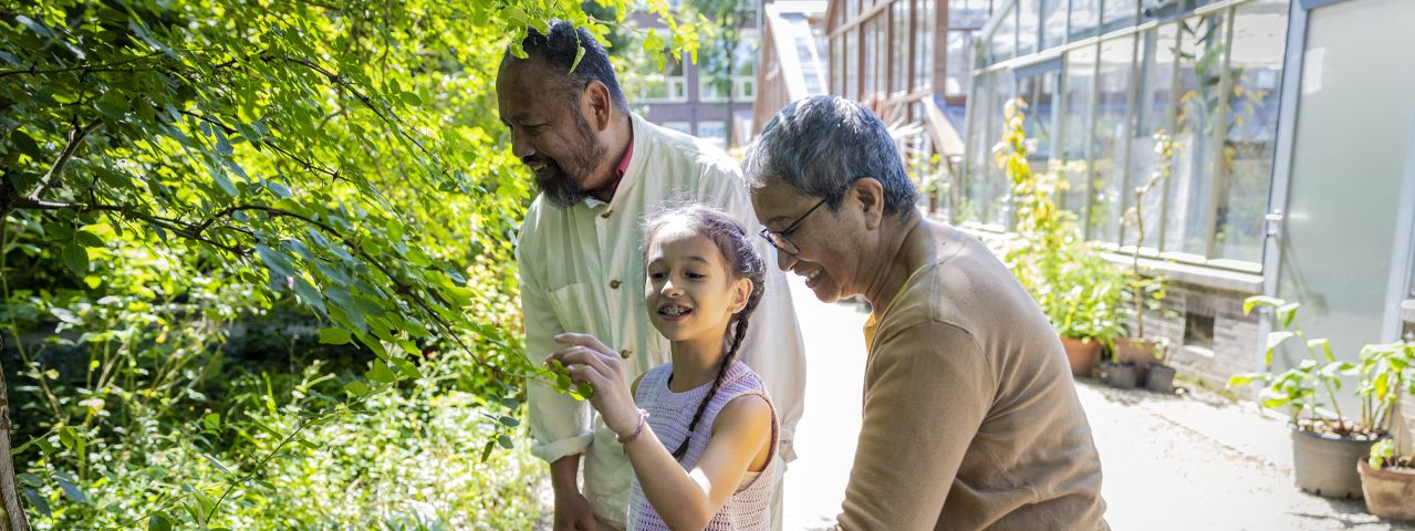 Twee grootouders en een kind bekijken een plan bij de Oude Hortus van Universiteitsmuseum Utrecht op een zonnige dag.