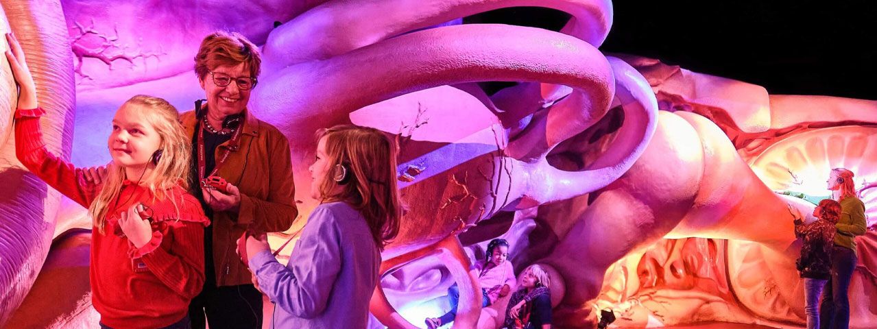 Een grootmoeder en twee kinderen ontdekken lachend een kleurrijke expositie over het binnenste van het menselijk lichaam bij Corpus