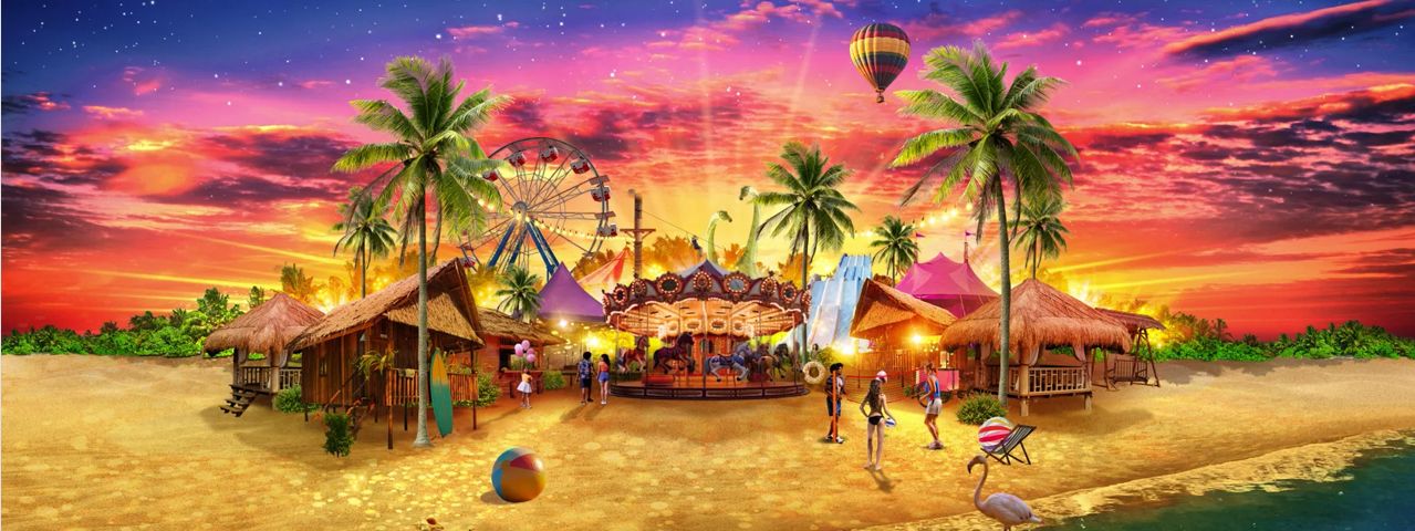 Een zomers beeld van een dorp met rieten zomerhuisjes, een draaimolen en andere attracties met palmbomen op het strand voor een ondergaande zon. Ontvang korting op het Utrechtse Zomerspektakel met de VIP-KAART.