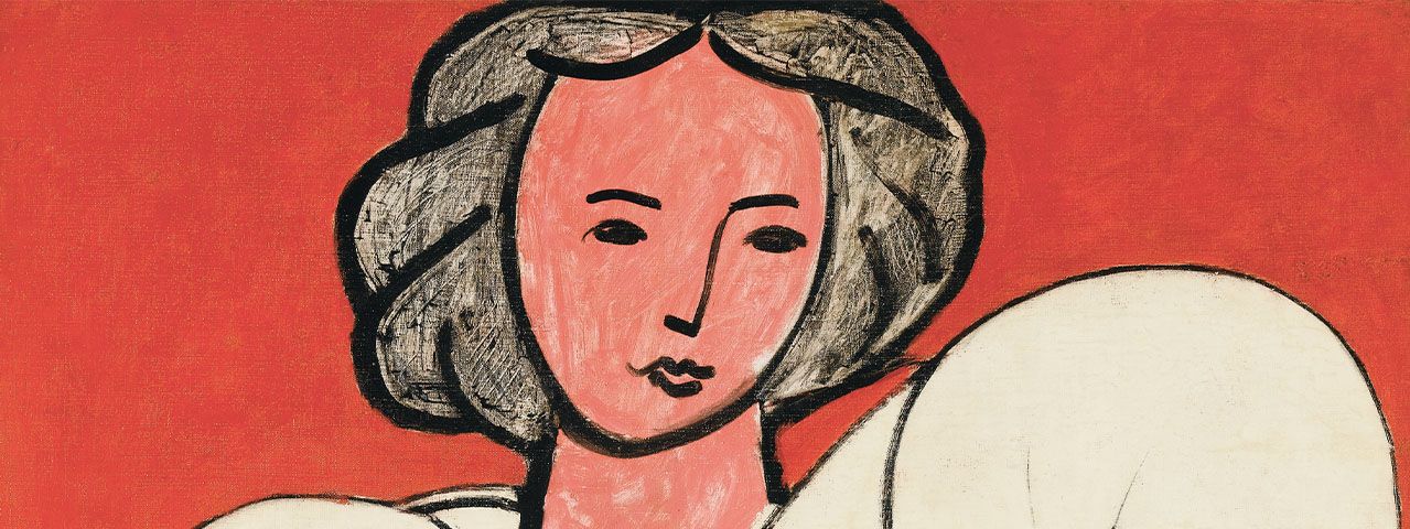 Schilderij van een vrouw in een witte bloes op een rode achtergrond van Henri Matisse