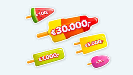Illustratie van vijf kleurrijke ijsjes met geldbedragen variërend van €20 tot €30.000.