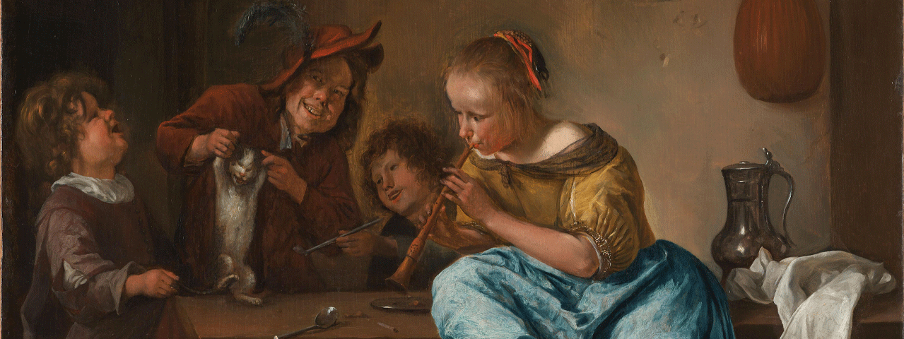 Een zeventiende eeuws schilderij van Jan Steen waar kinderen een kat laten dansen terwijl een meisje op een fluit speelt. Bezoek 400 jaar Jan Steen in Museum de Lakenhal in Leiden met de VIP-KAART