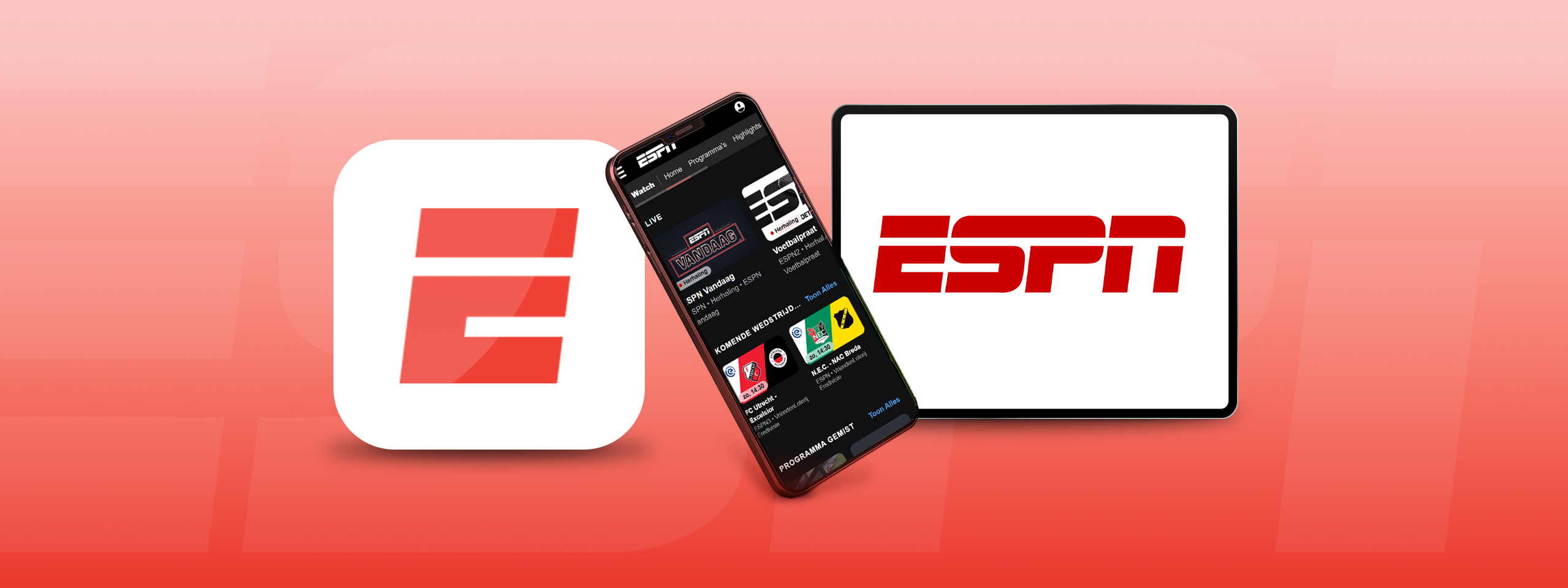 Een zwarte telefoon met de ESPN app op een rode achtergrond met het ESPN logo. Gratis kijken met de VIP-KAART