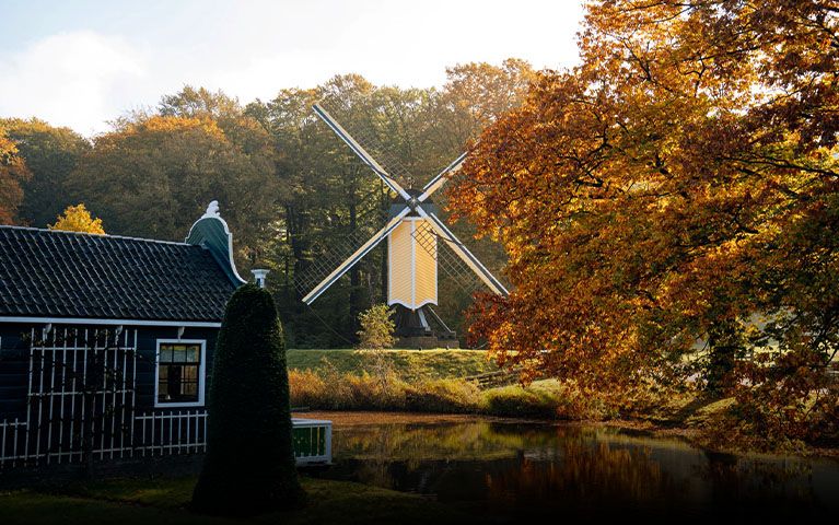Een smalle, gele historische molen in een bosrijk gebied vol herfstkleuren bij het Nederlands Openluchtmuseum