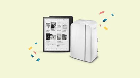 Kobo e-reader met stylus naast een witte mobiele airconditioner.