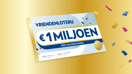 Illustratie van een cheque van €1 miljoen van de VriendenLoterij met confetti op een gouden achtergrond.