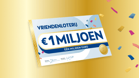 Illustratie van een cheque van €1 miljoen van de VriendenLoterij met confetti op een gouden achtergrond.