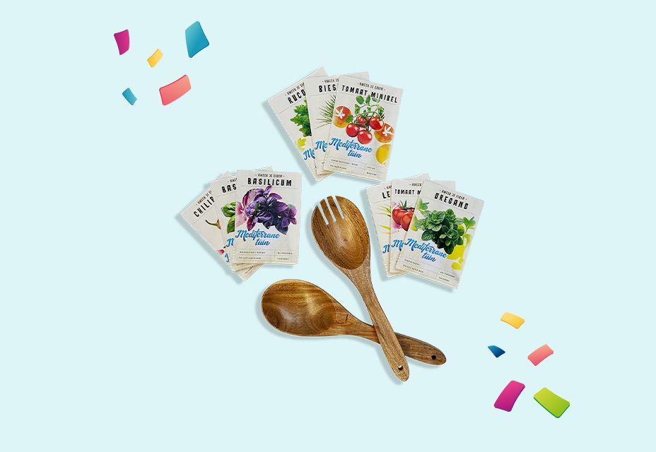 Illustratie van kruidenzaadjes en houten saladebestek als prijs.