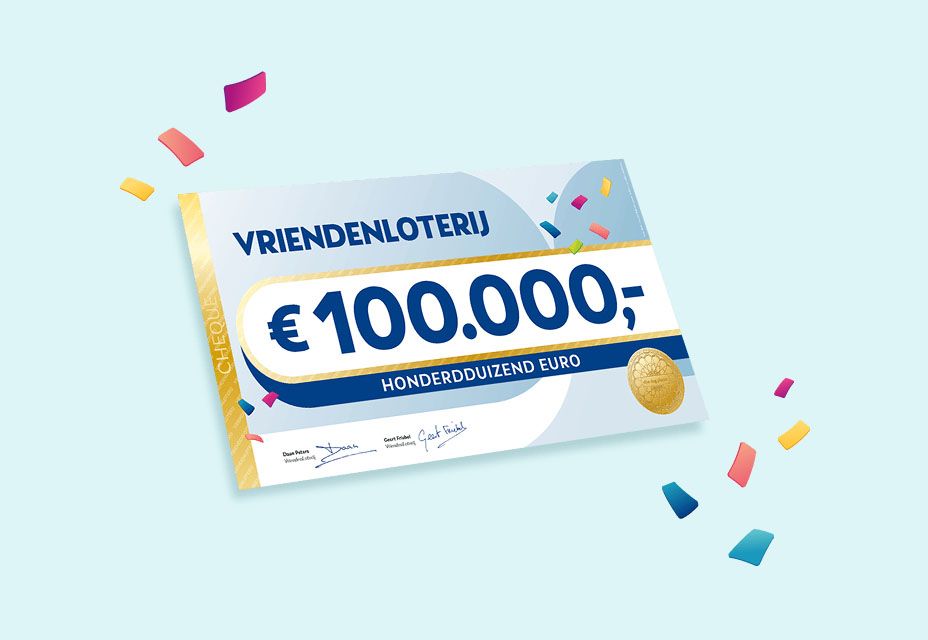 Illustratie van een cheque van €100.000 van de VriendenLoterij met confetti.