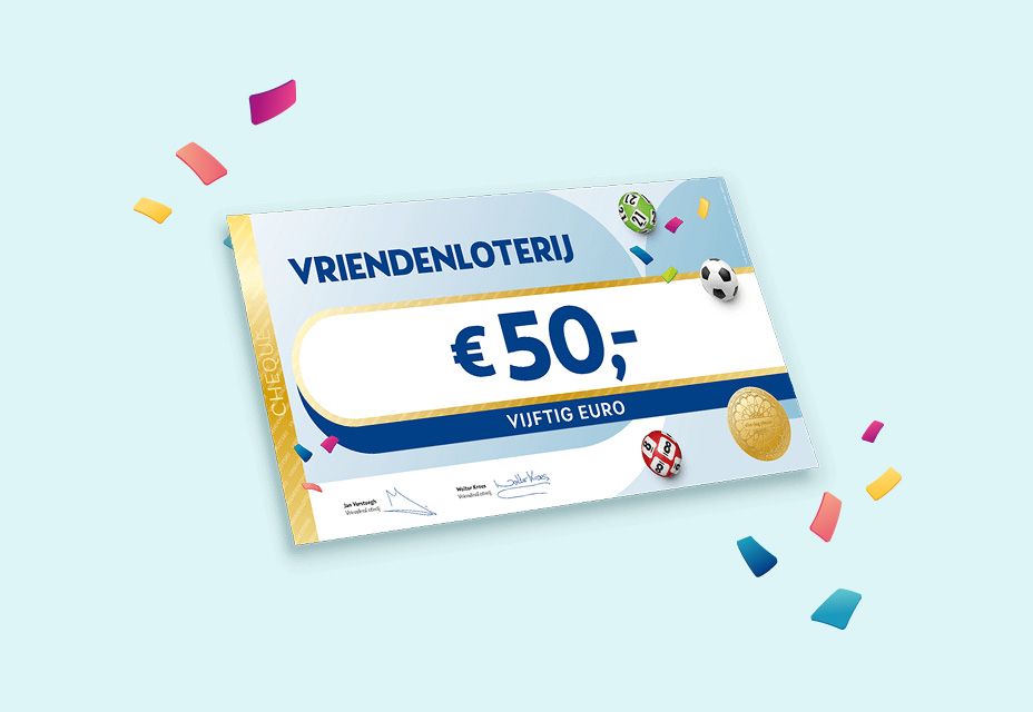 Illustratie van een cheque van €50 van de VriendenLoterij.