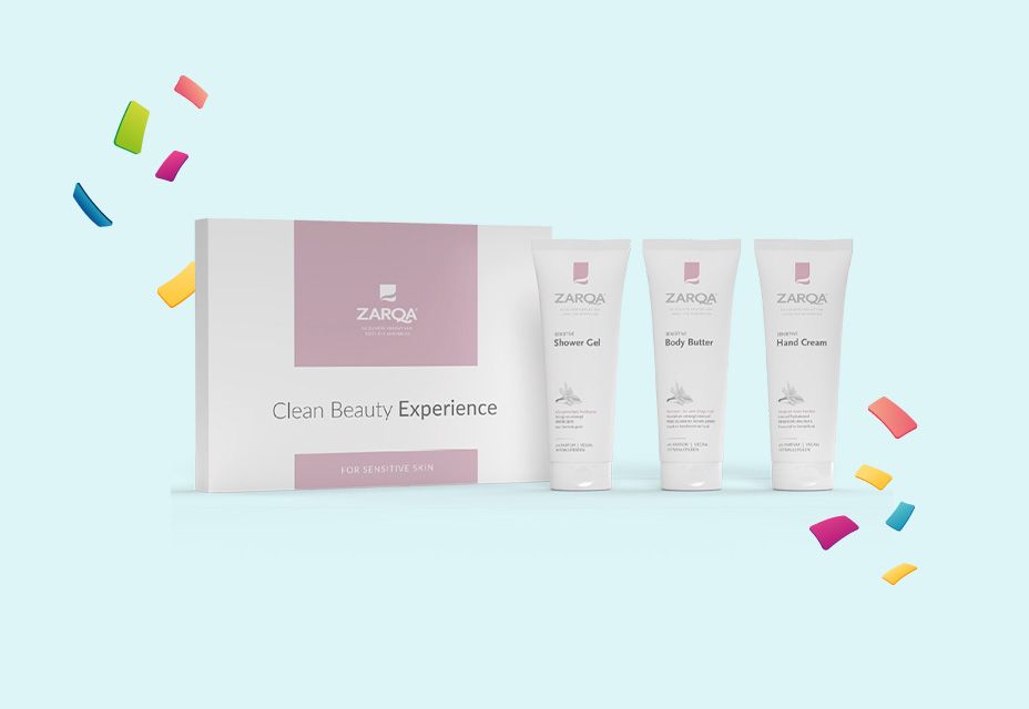 Illustratie van een ZARQA Body Care-pakket met verzorgingsproducten.