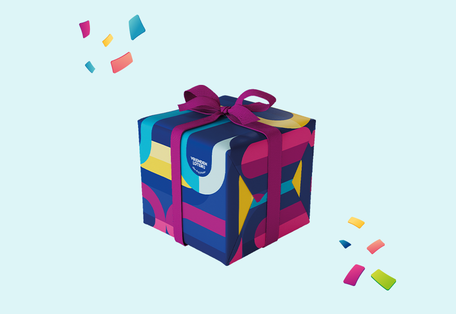 Kleurrijk cadeau van de VriendenLoterij met strik en confetti.
