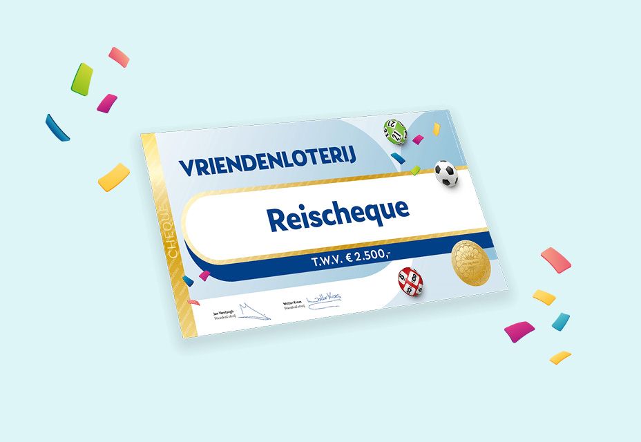 Illustratie van een reischeque ter waarde van €2.500 van de VriendenLoterij.