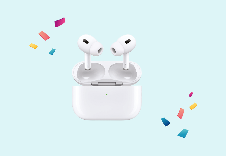 Witte Apple AirPods Pro met oplaadcase en kleurrijke confetti.