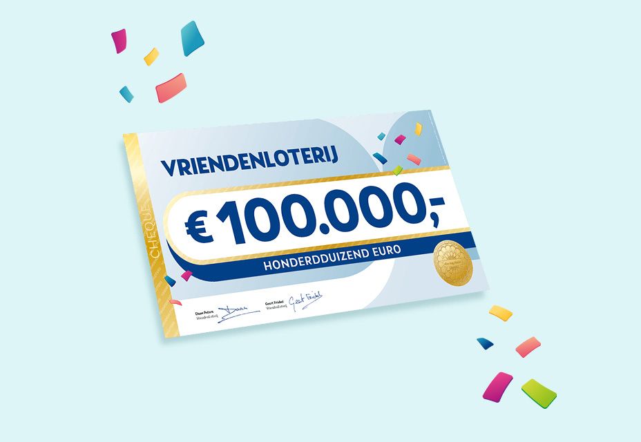 Illustratie van een cheque van €100.000 van de VriendenLoterij met confetti.