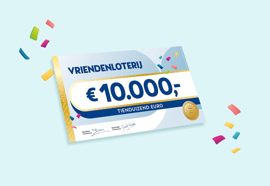 Illustratie van een cheque van €10.000 van de VriendenLoterij met confetti.