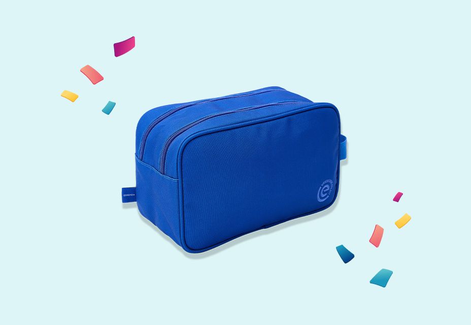 Illustratie van een blauwe toilettas van de VriendenLoterij.