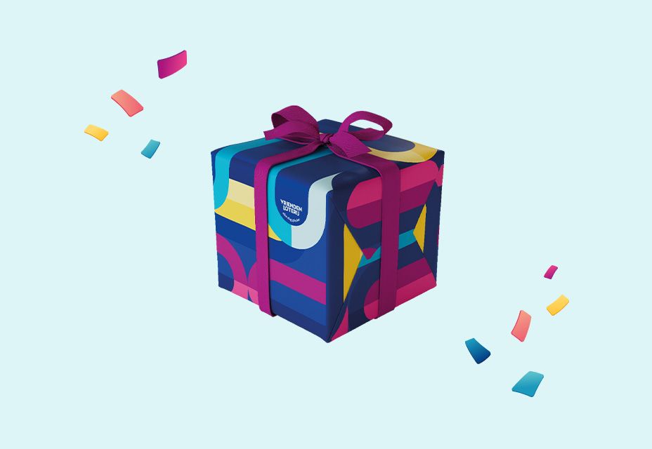 Illustratie van een ingepakt cadeau van de VriendenLoterij.