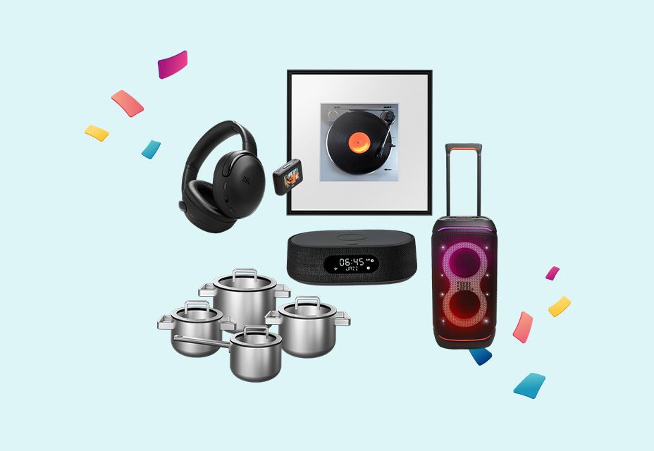 Illustratie van verschillende luxe prijzen, waaronder een koptelefoon, pannenset, platenspeler, speaker en een fotolijst.