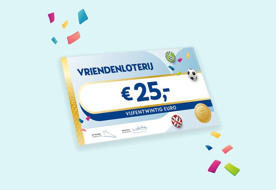 Illustratie van een cheque van €25 van de VriendenLoterij.