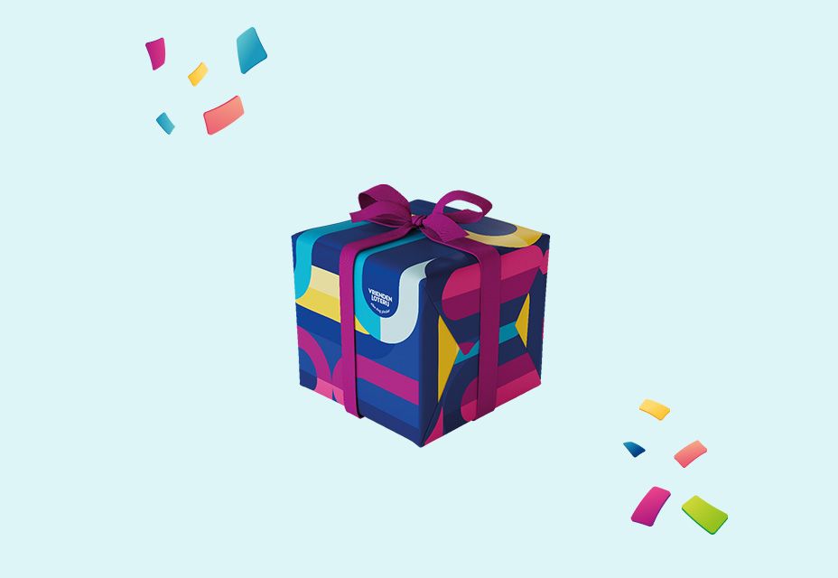 Illustratie van een ingepakt VriendenLoterij-cadeau.