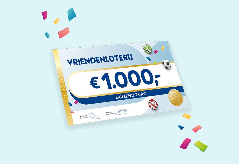 Illustratie van een cheque van €1.000 van de VriendenLoterij.