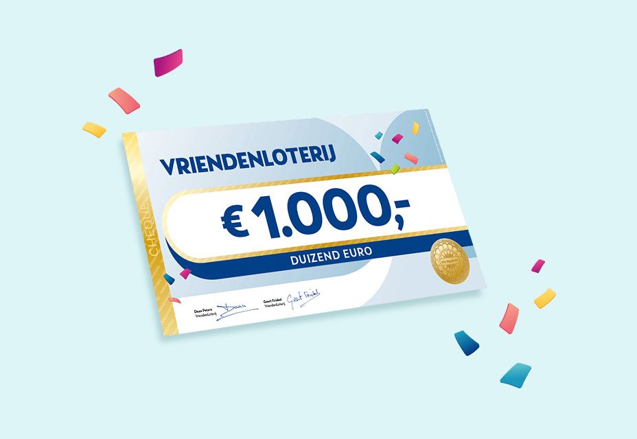 Illustratie van een cheque van €1.000 van de VriendenLoterij met confetti.