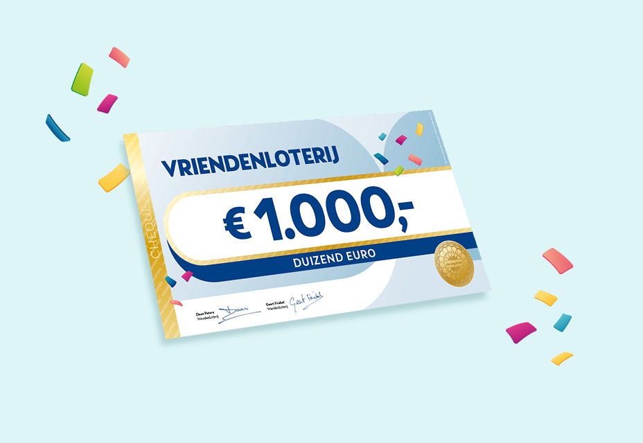 Illustratie van een cheque van €1.000 van de VriendenLoterij met confetti.