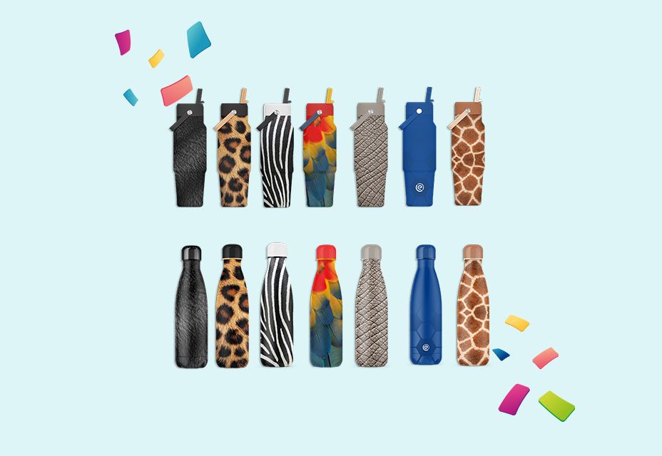 Herbruikbare drinkflessen en bekerflessen in verschillende kleuren en dierprints.